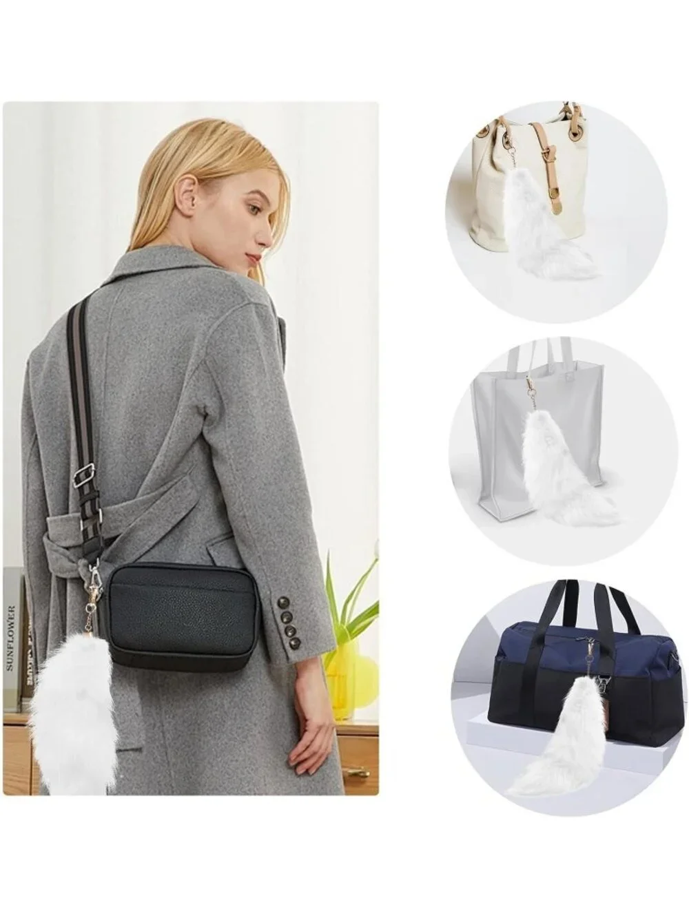 Women's White Pendant Cosplay Costume Halloween Furry Tails Keychain Handbag